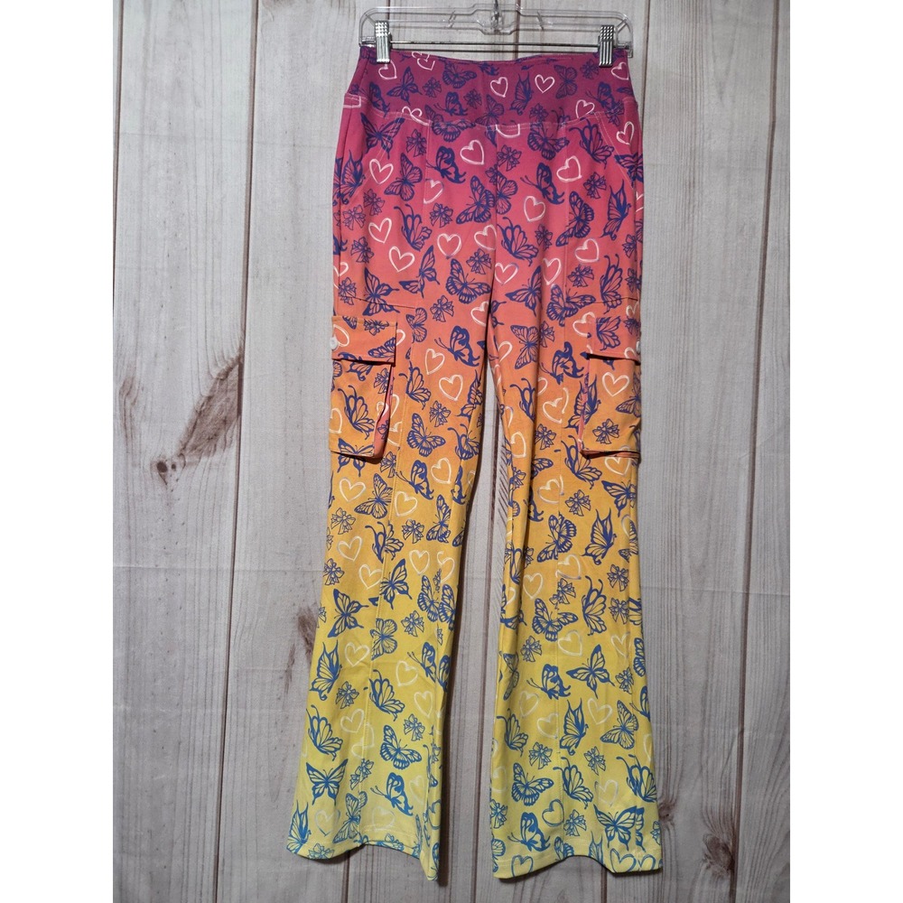 Pink Lips Ombre Butterfly Heart Cargo Pants Womens Medium Pink Yellow Flare Y2K